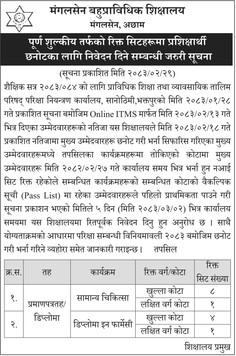 Mangalsen Polytechnic Invites Applications for Vacant Seats