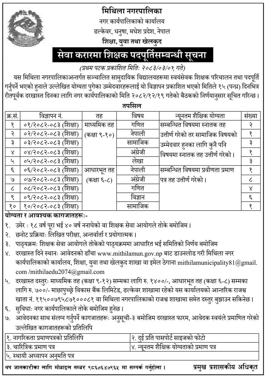 Mithila Municipality Contract Volunteer Teacher Vacancy 2083