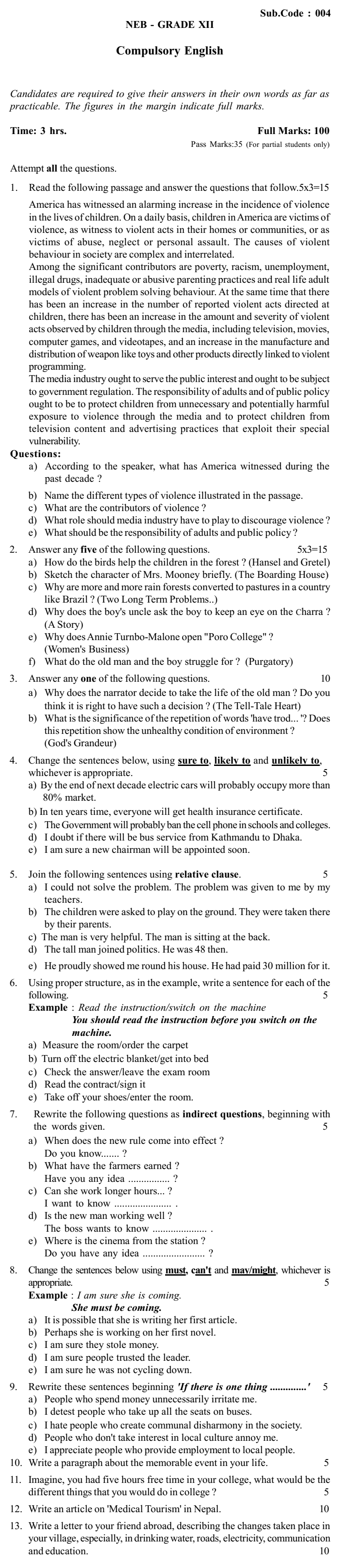 NEB Class 12 Compulsory English Model Question