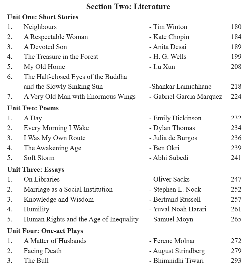 NEB Grade 12 English Book Table of Content Section Two Literature