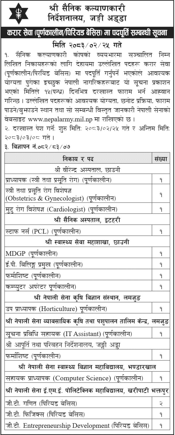 Nepal Army Welfare Directorate Contract Vacancy Notice 2083