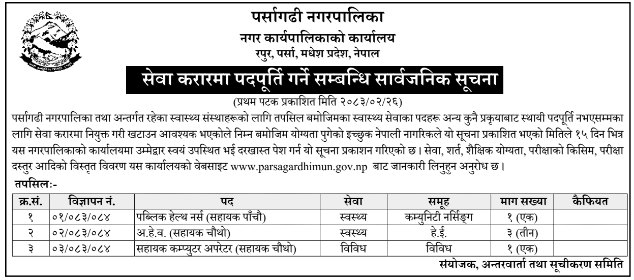 Parsagadhi Municipality Service Contract Vacancy Notice 2083