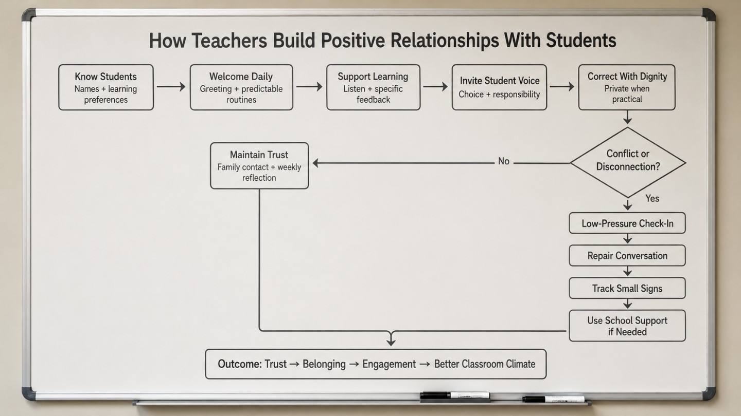 A classroom whiteboard flowchart showing how teachers build positive relationships with students through names, routines, feedback, student voice, private correction, repair, and reflection.