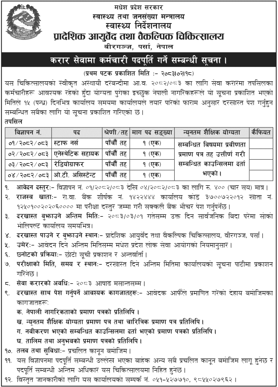 Provincial Ayurveda Hospital Birgunj Contract Vacancy 2083