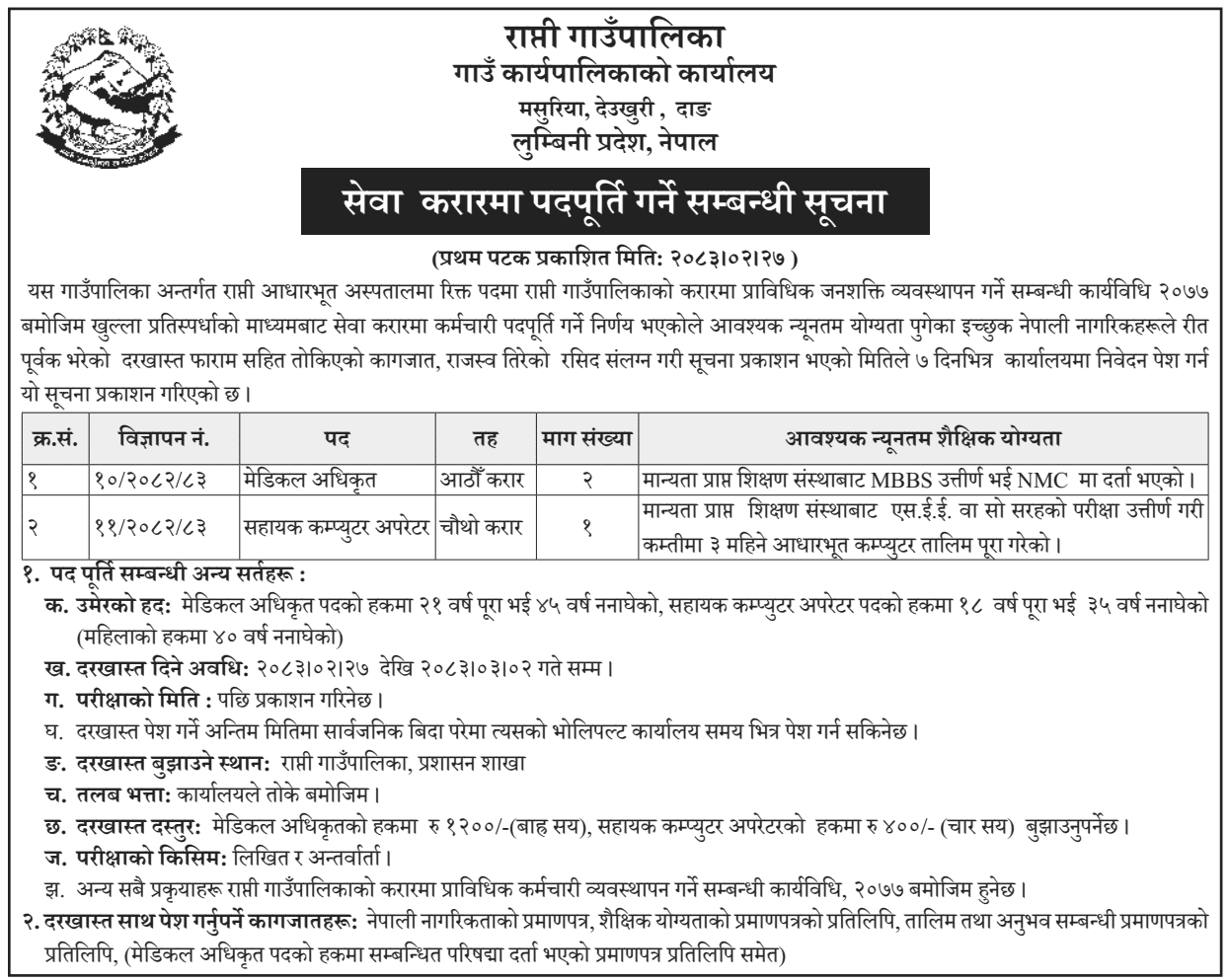 Rapti Rural Municipality Contract Job Vacancy 2083 Notice