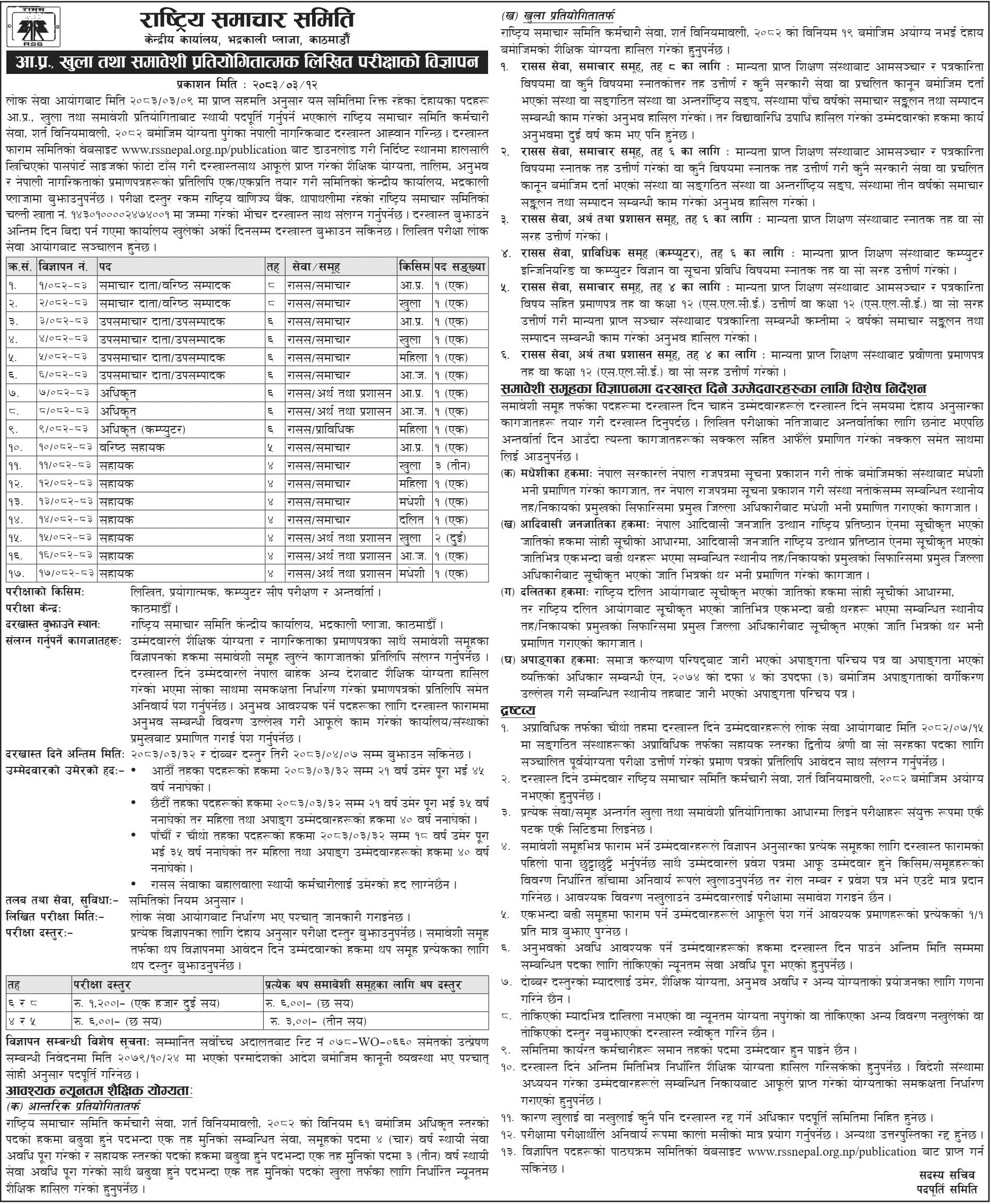 Rastriya Samachar Samiti Announces Vacancy 2083