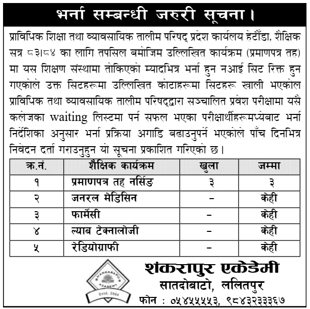 Shankarapur Academy Certificate Level Admission Notice 2083