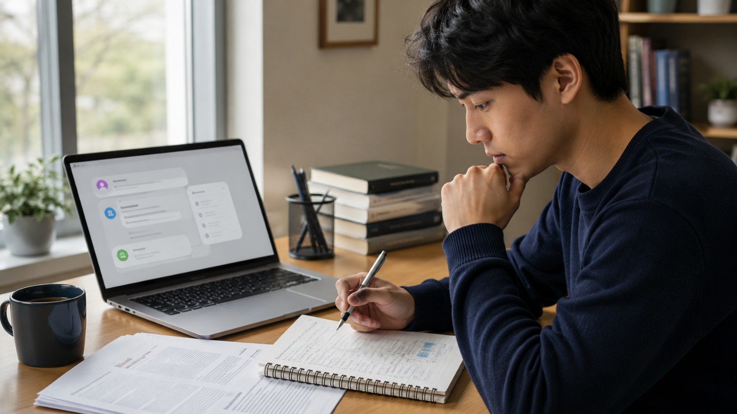 Student Using AI as a Learning Coach While Reviewing Notes 