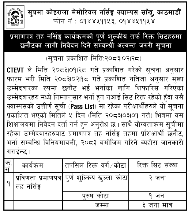 Sushma Koirala Memorial Nursing Campus Admission Notice 2083