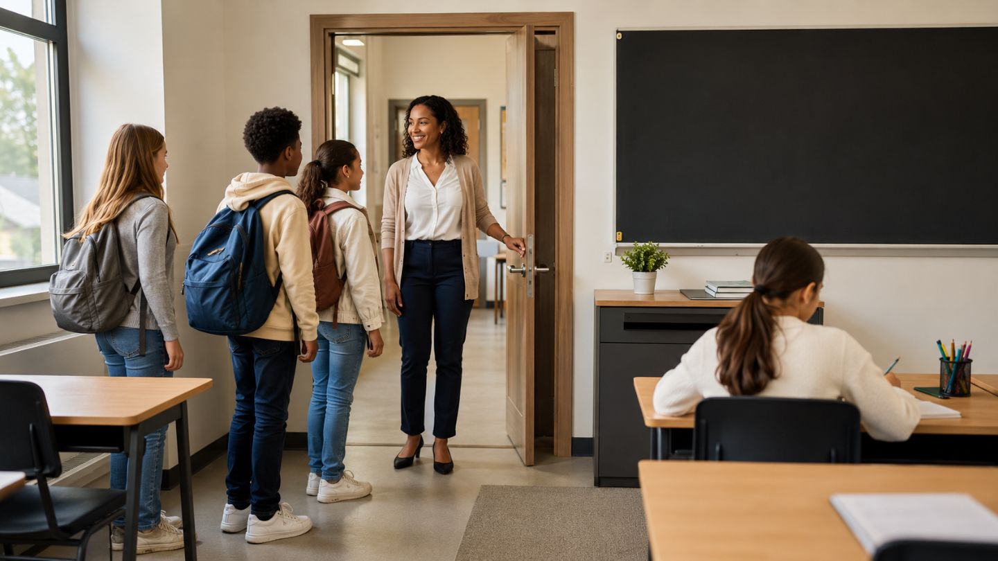 A teacher warmly greeting students in a bright classroom, showing respectful teacher-student relationships, trust, and positive classroom routines.