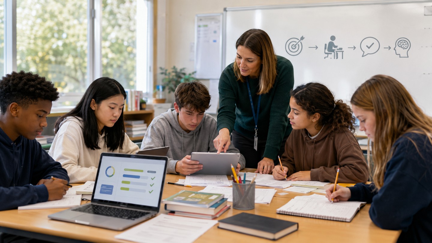 Teacher guiding students as they use classroom technology for active learning and feedback 