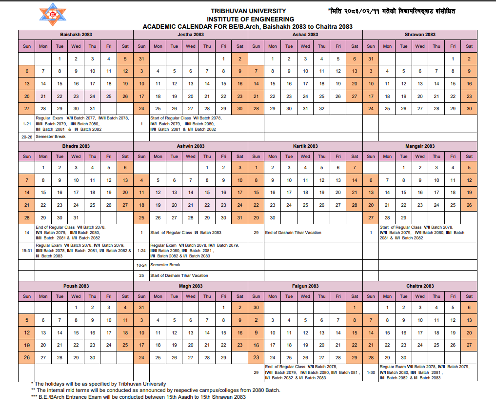 TU IOE BE B.Arch Revised Academic Calendar 2083 