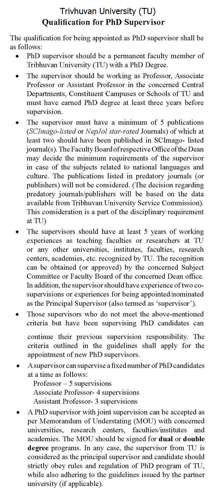 TU New Criteria for PhD Supervisor Appointment