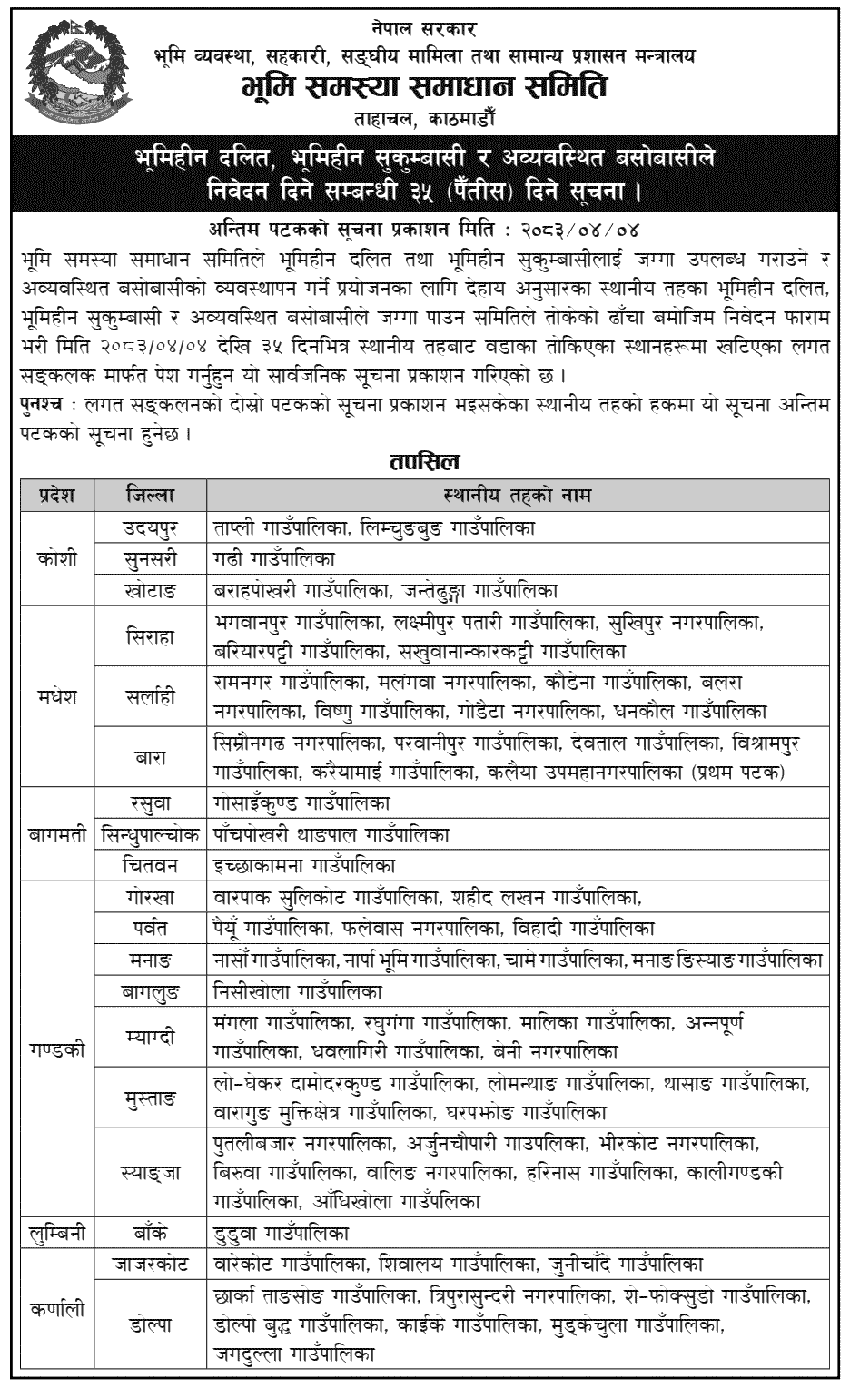 35-Day Notice for Landless Residents to Submit Applications