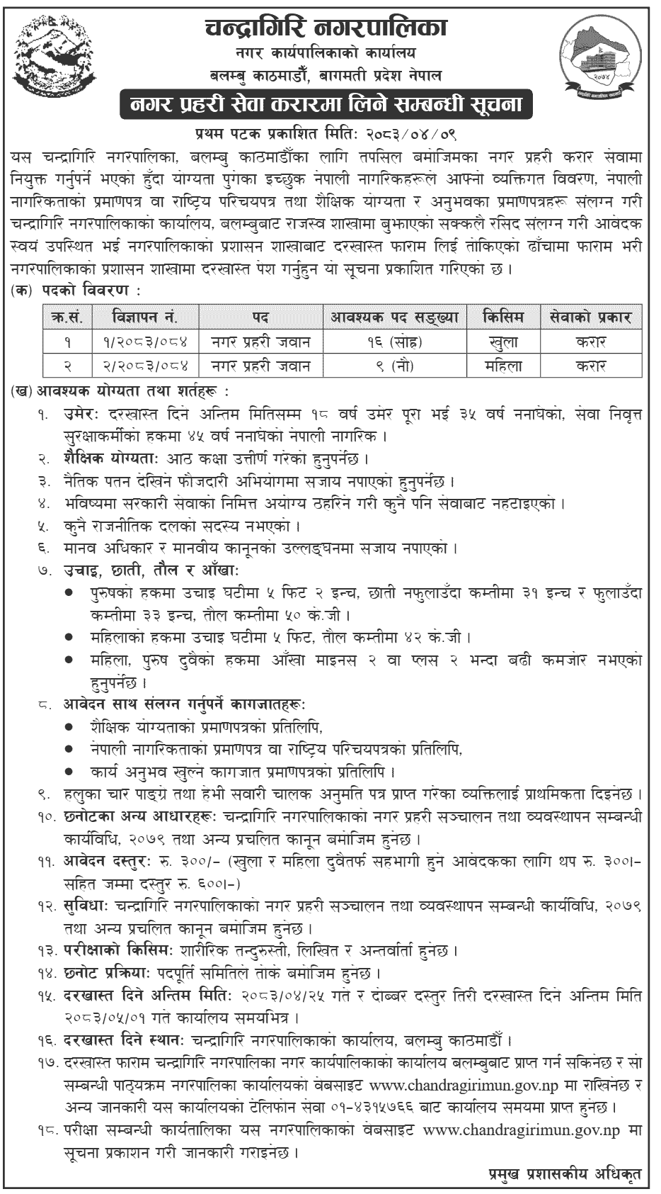 Chandragiri Municipality Police Constable Vacancy 2083