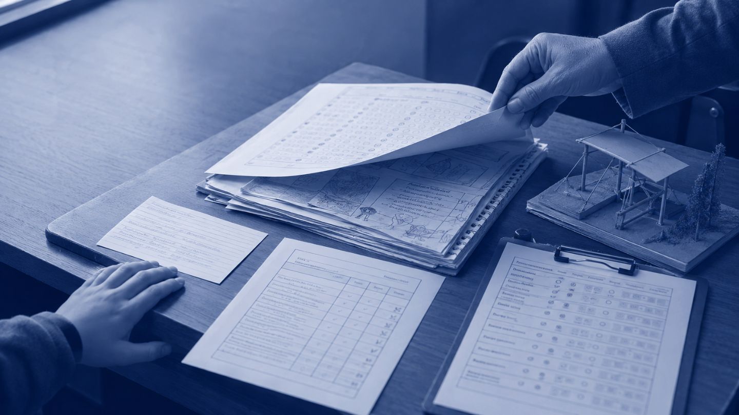 Classroom workspace with papers and model 