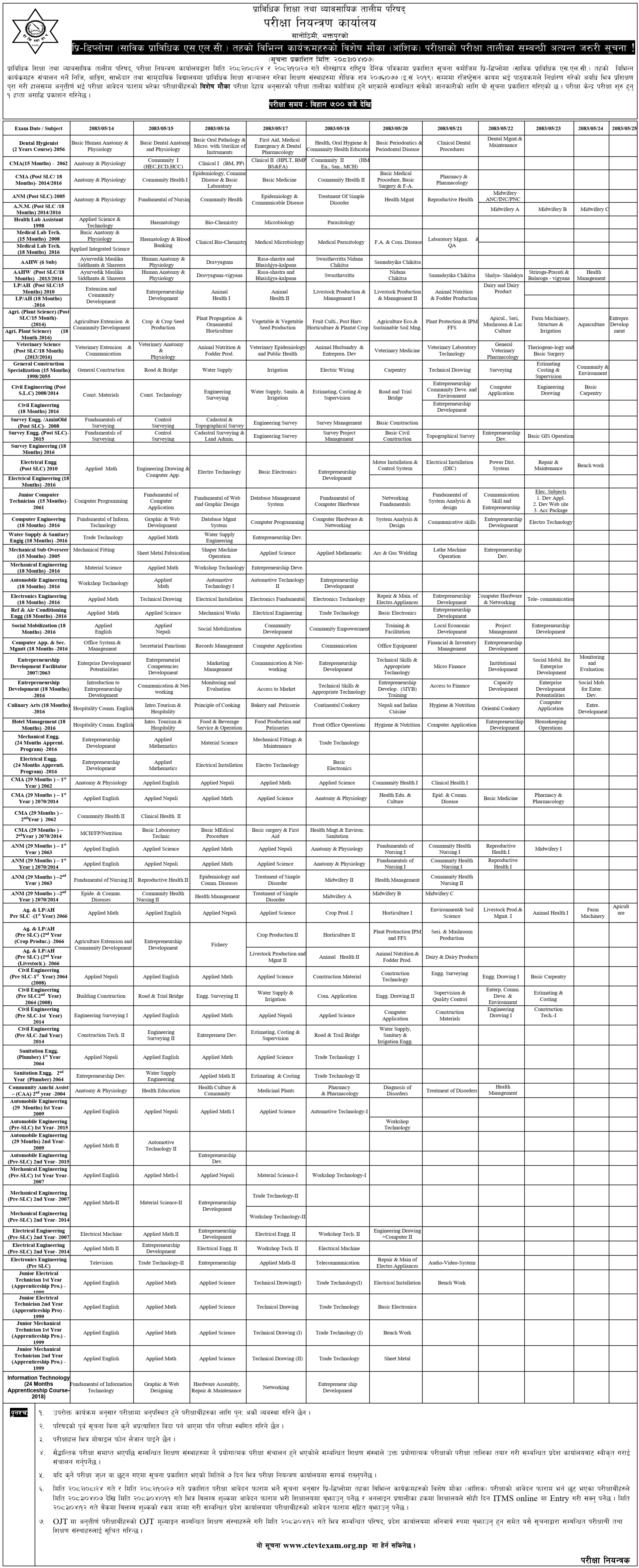 CTEVT Pre-Diploma Special Chance Exam Routine 2083 