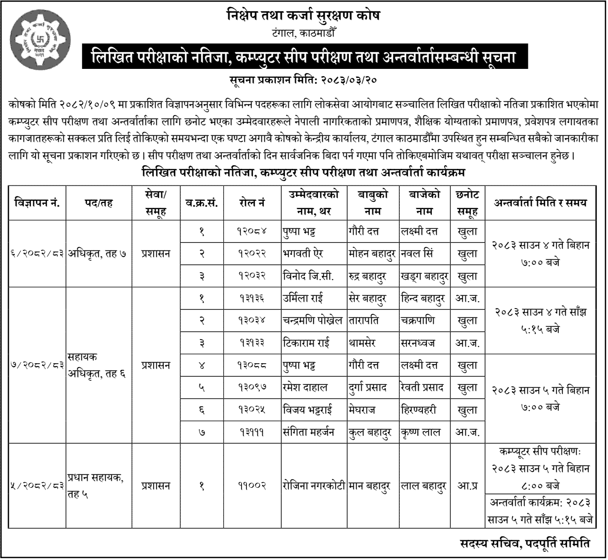 DCSGF Written Exam Result and Interview Schedule 2083