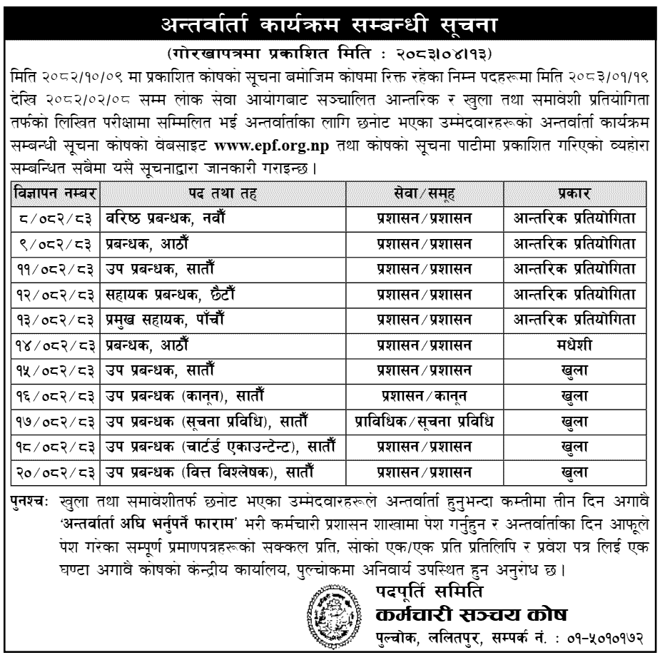 Employee Provident Fund Interview Schedule for Various Posts