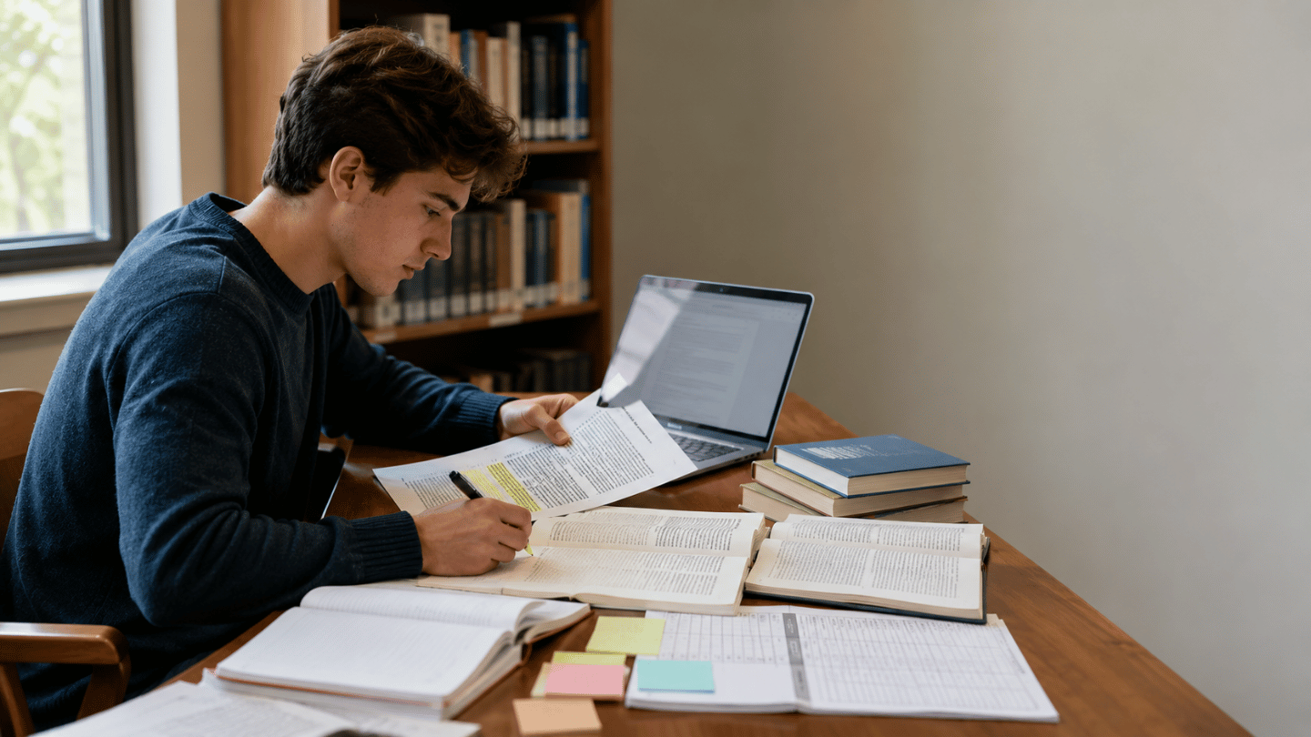 Focused study session in a library 