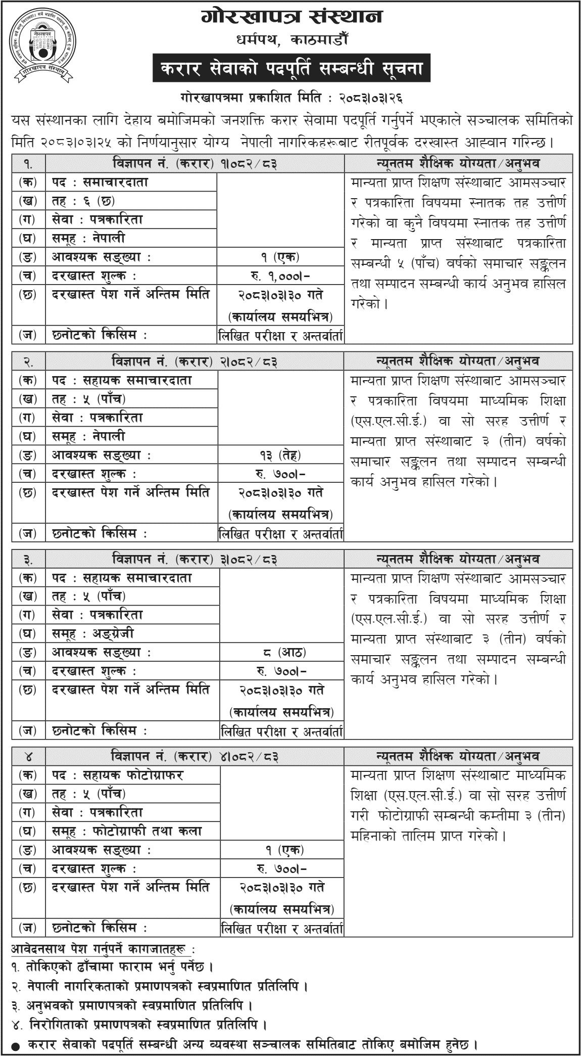 Gorkhapatra Sansthan Contract Journalist Vacancy 2083 BS