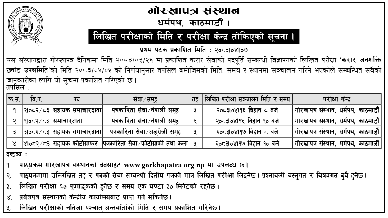 Gorkhapatra Sansthan Contract Service Written Exam Schedule 2083