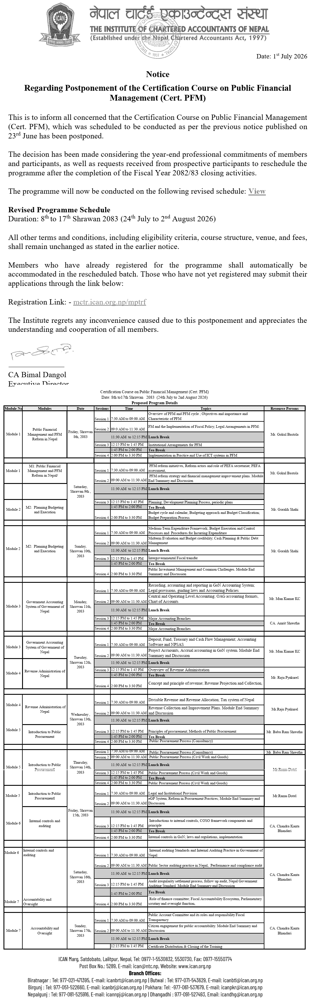 ICAN Cert. PFM Training Postponed, New Schedule Released