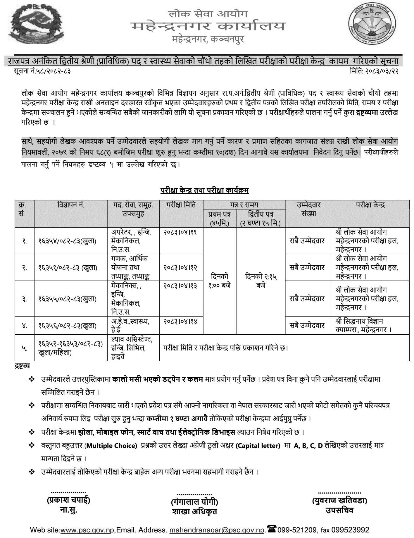 Lok Sewa Aayog Mahendranagar Exam Center for Technical Health Posts
