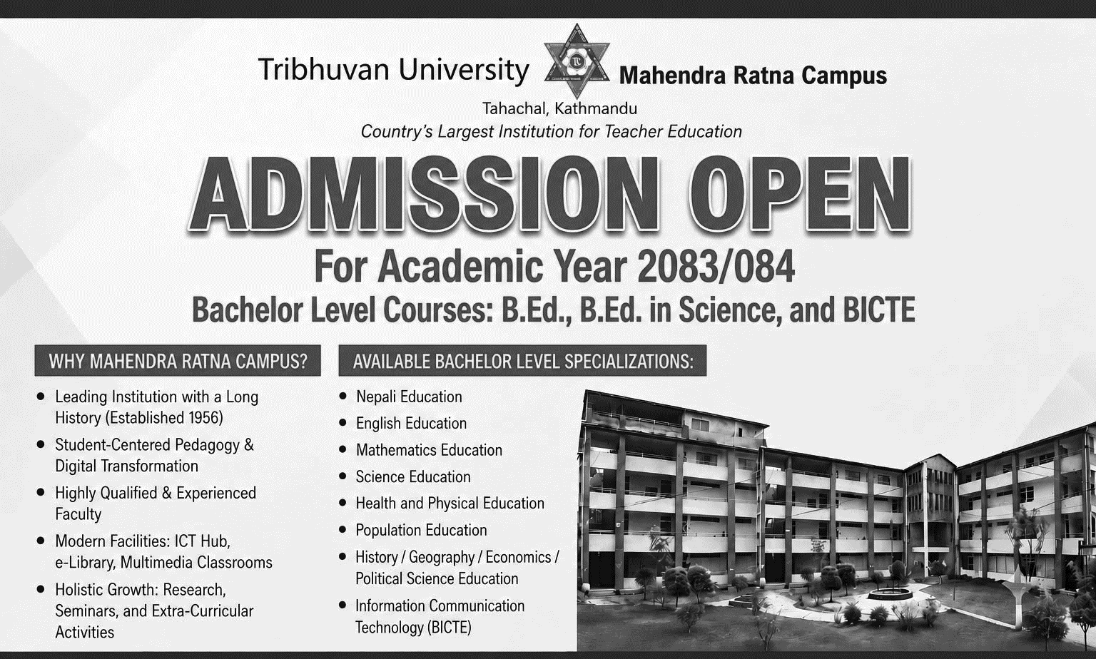 Mahendra Ratna Campus B.Ed, B.Ed in Science and BICTE Admission Open 2083