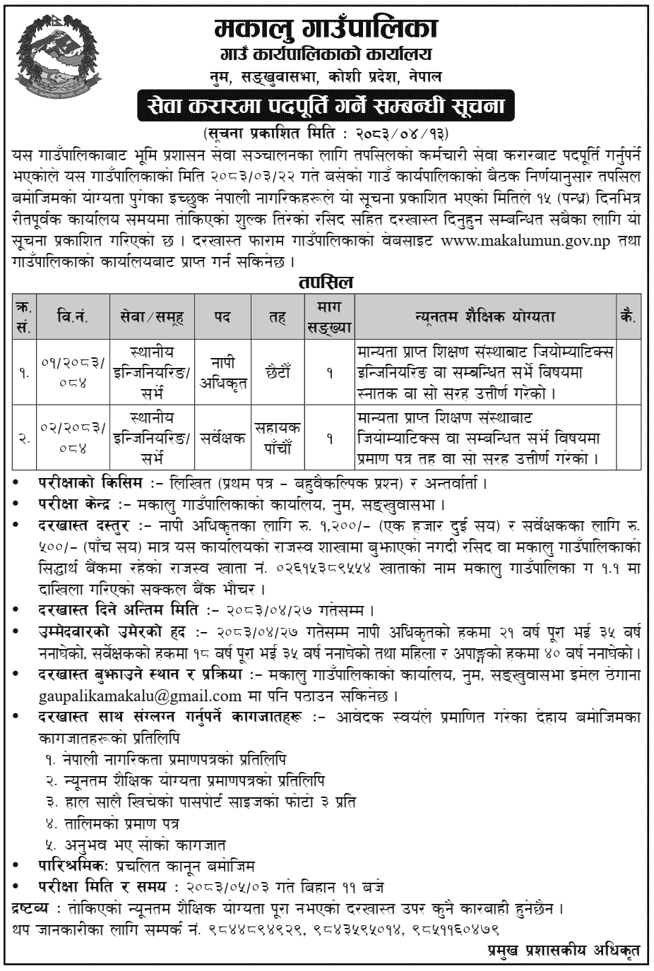 Makalu Rural Municipality Survey Officer & Surveyor Jobs
