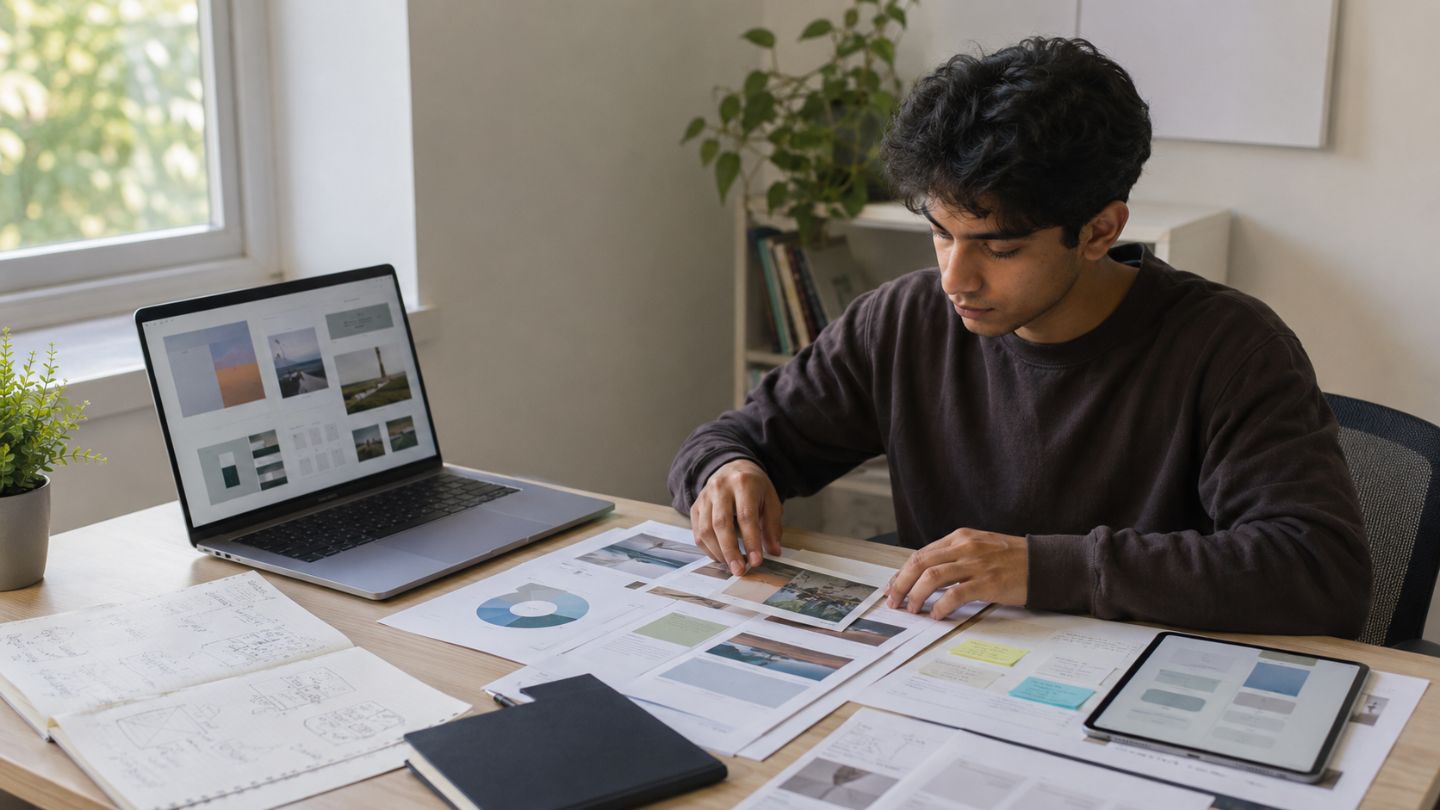 person arranging portfolio evidence beside laptop 