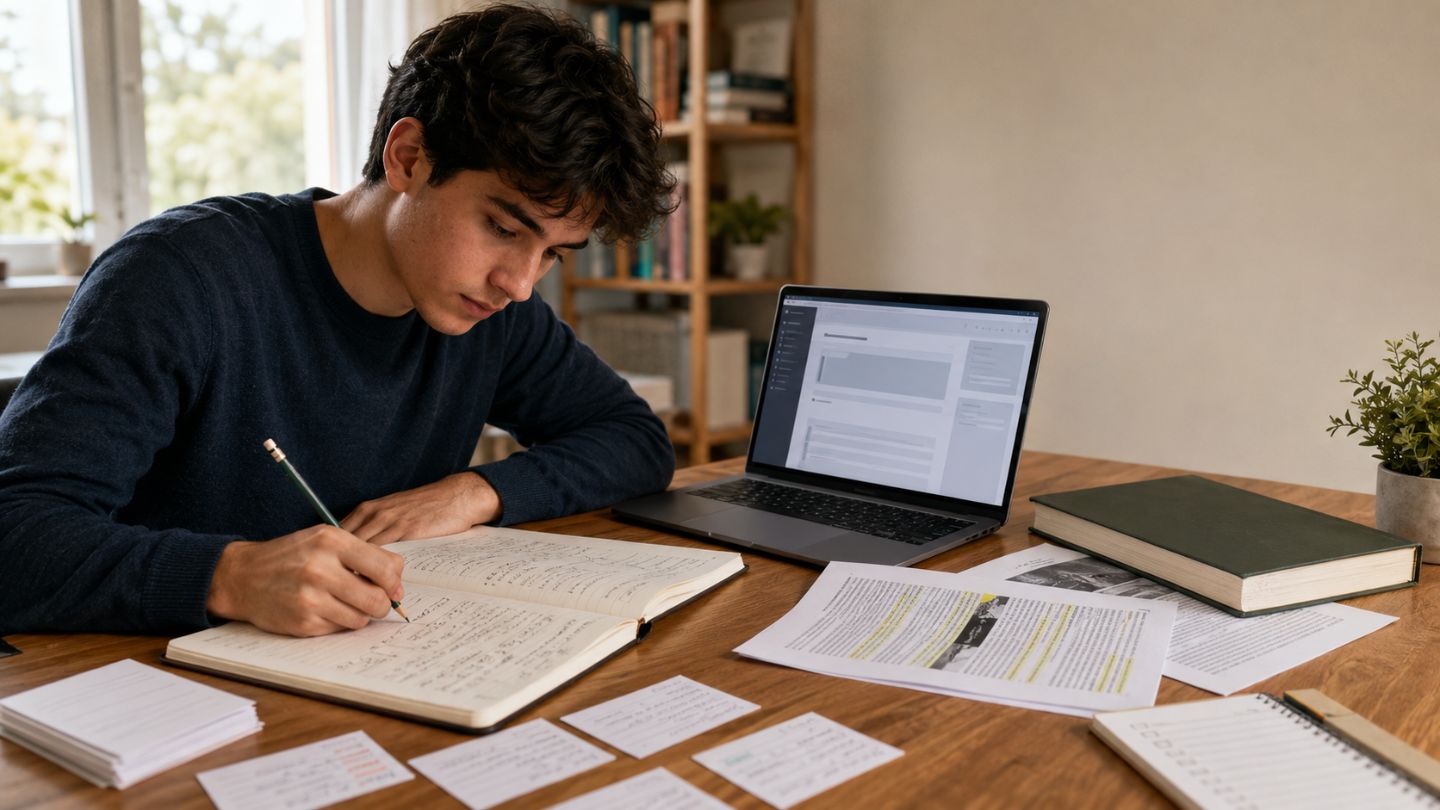 person using digital assistance while keeping writing, research 