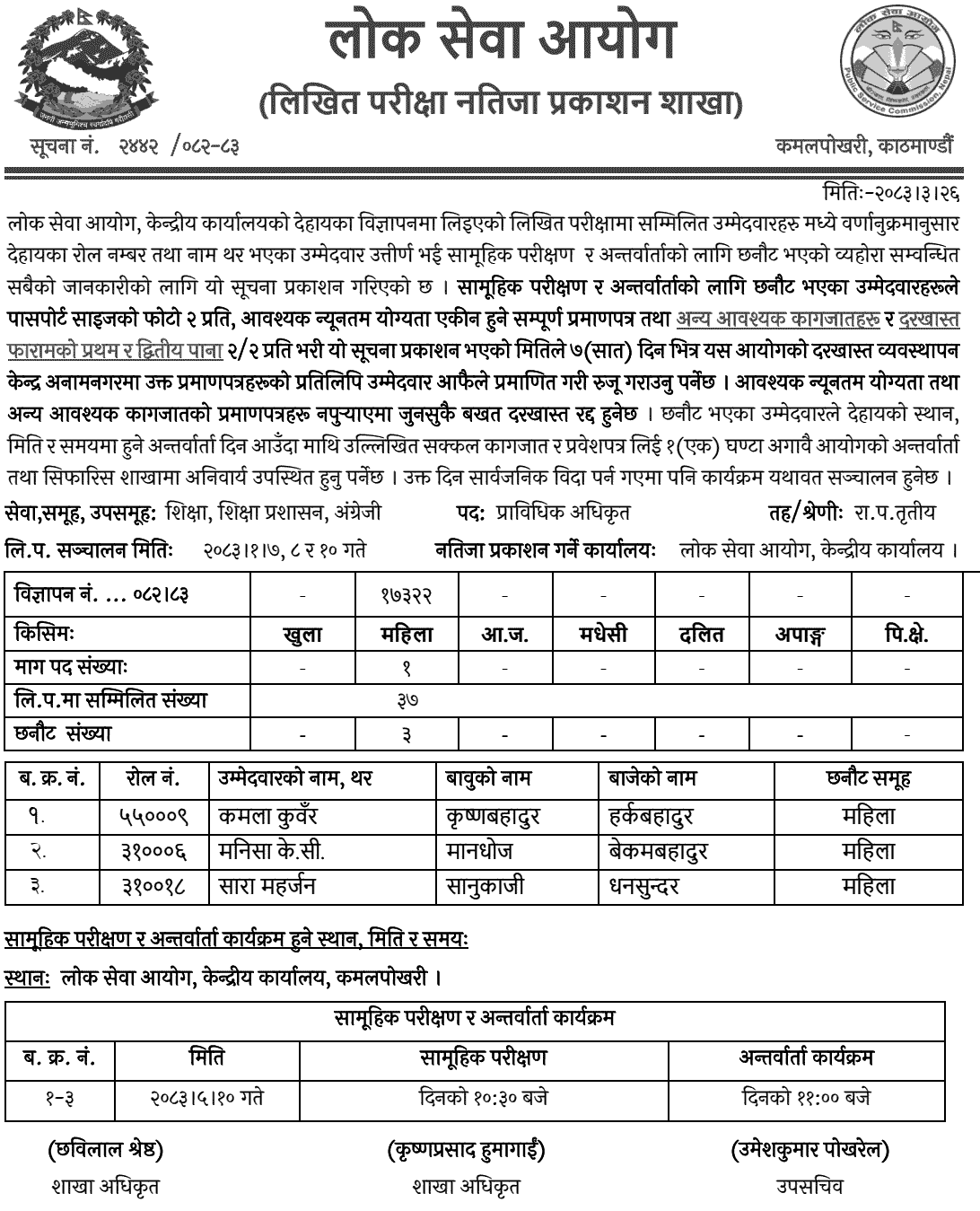 PSC Education Service Technical Officer Written Result 2083