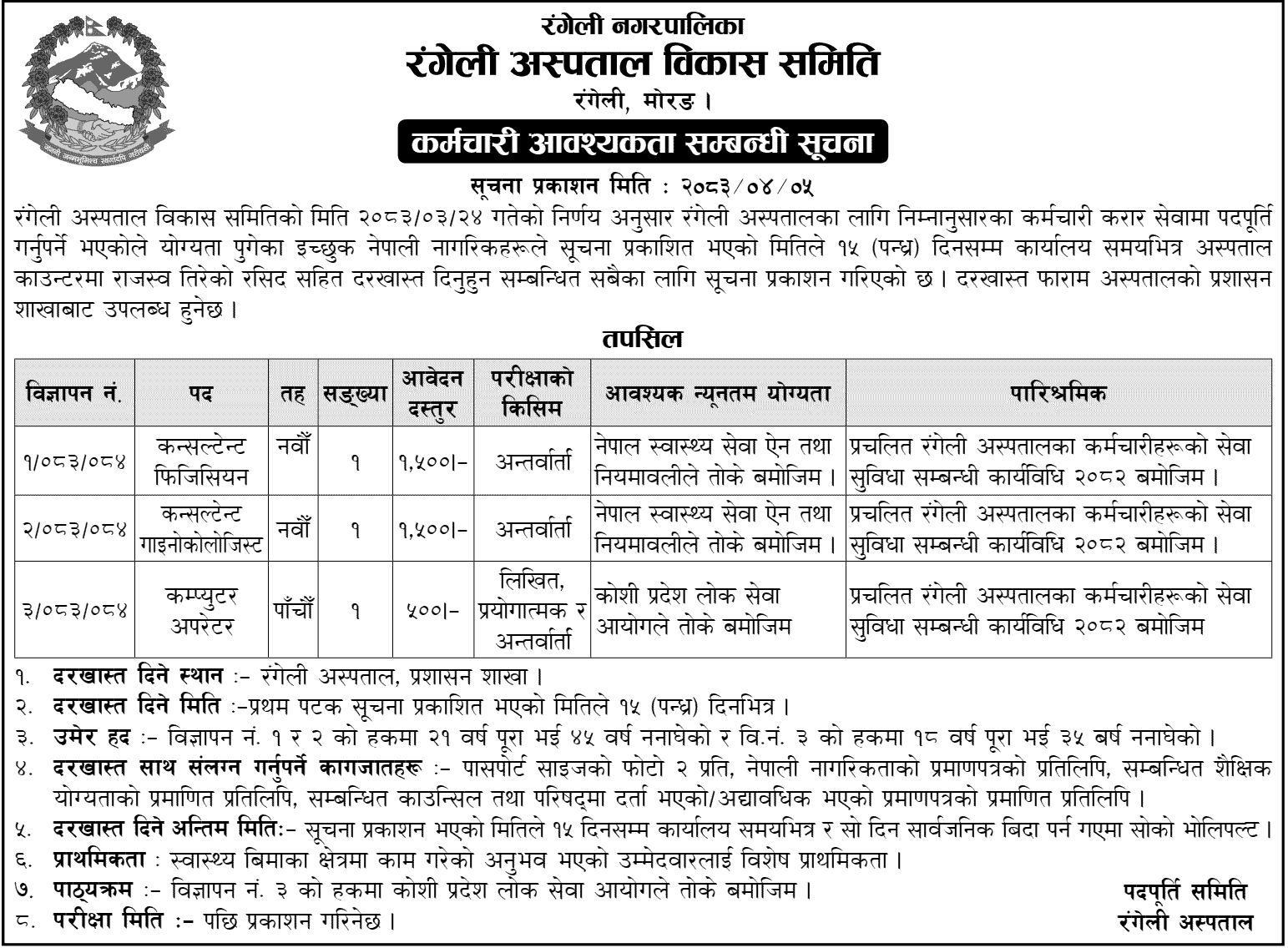 Rangeli Hospital Announces Contract Vacancies for Various Positions 2083