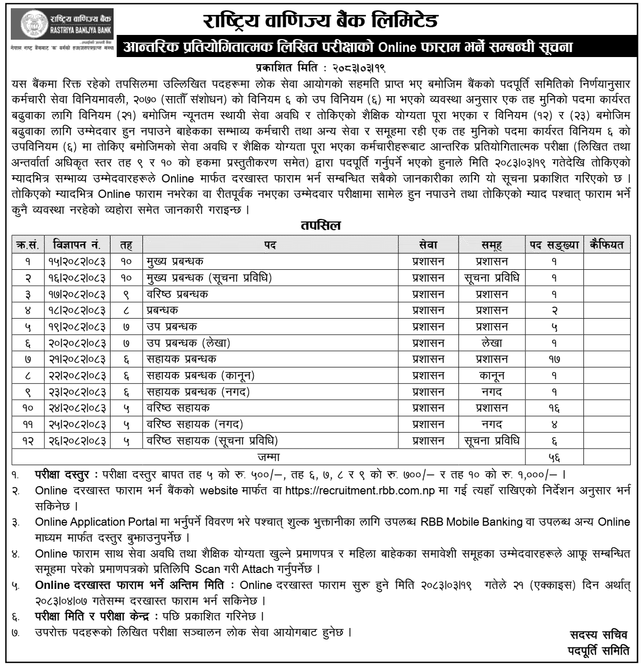 Rastriya Banijya Bank Internal Competition Vacancy 2083