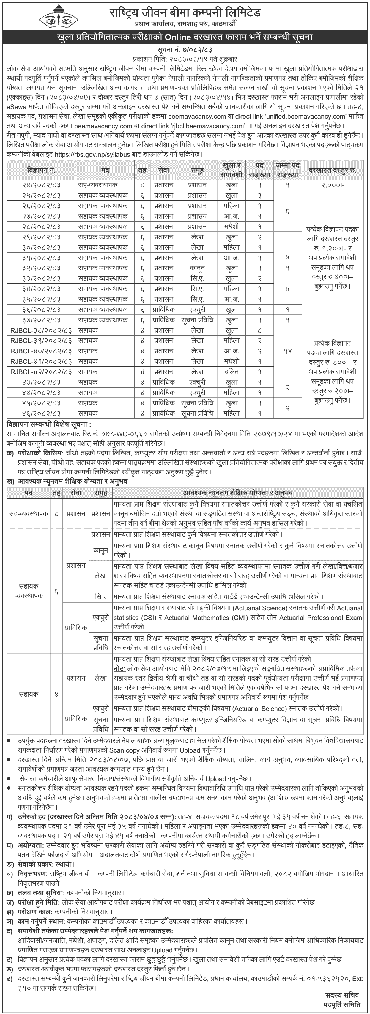 Rastriya Jeevan Beema Company Limited Vacancy 2083 Notice