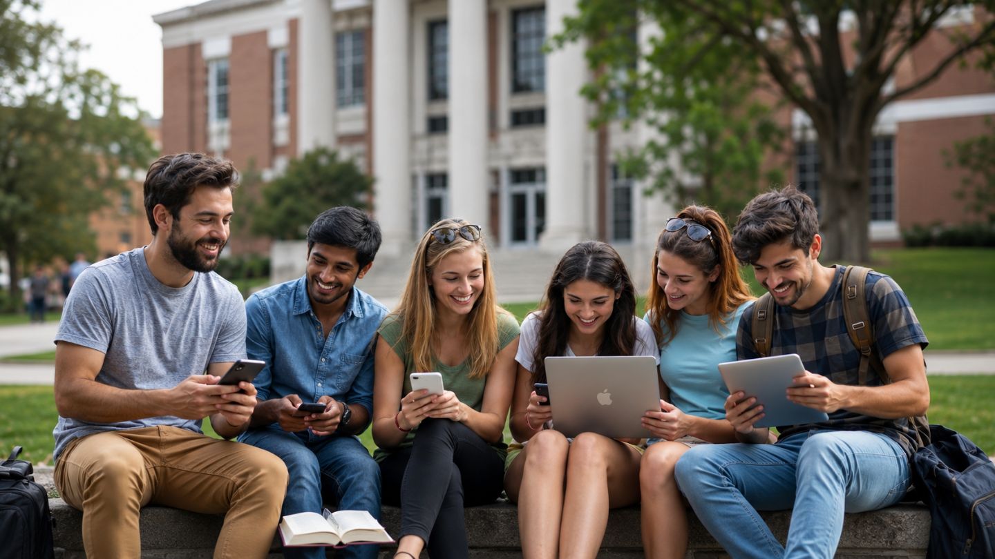 Students enjoying tech on campus bench