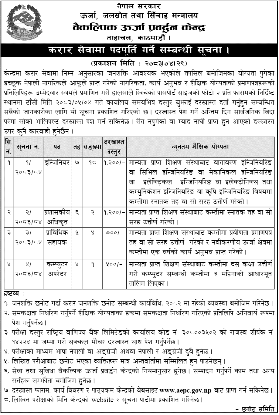 AEPC Vacancy 2083 for Engineer and Other Contract Posts