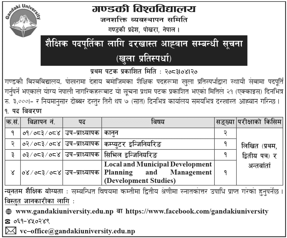 Gandaki University Assistant Professor Job Vacancy 2083