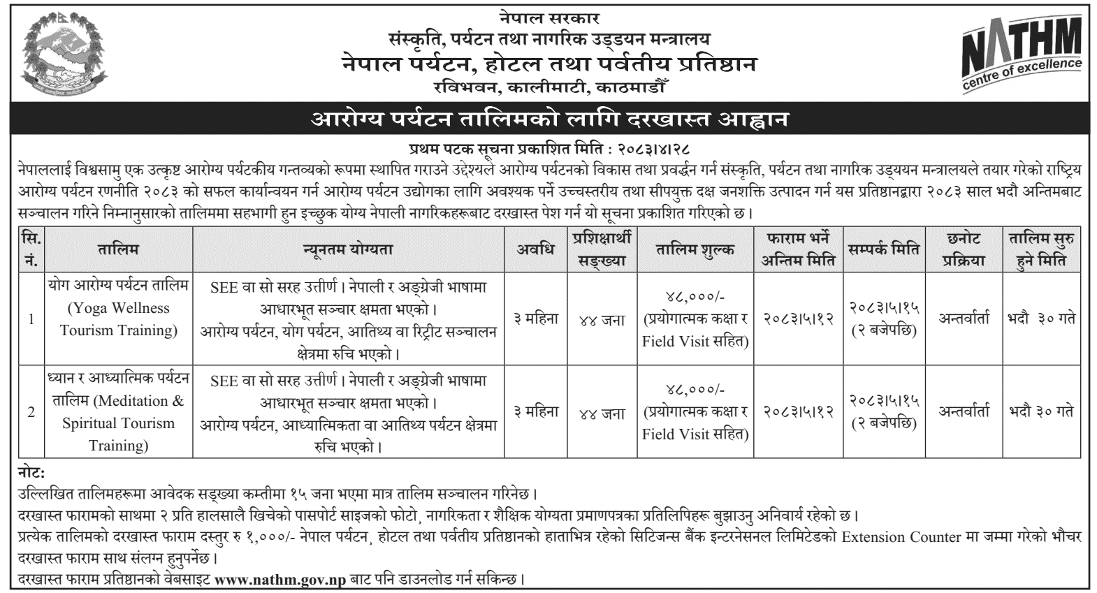 NATHM Wellness Tourism Training Application Notice 2083