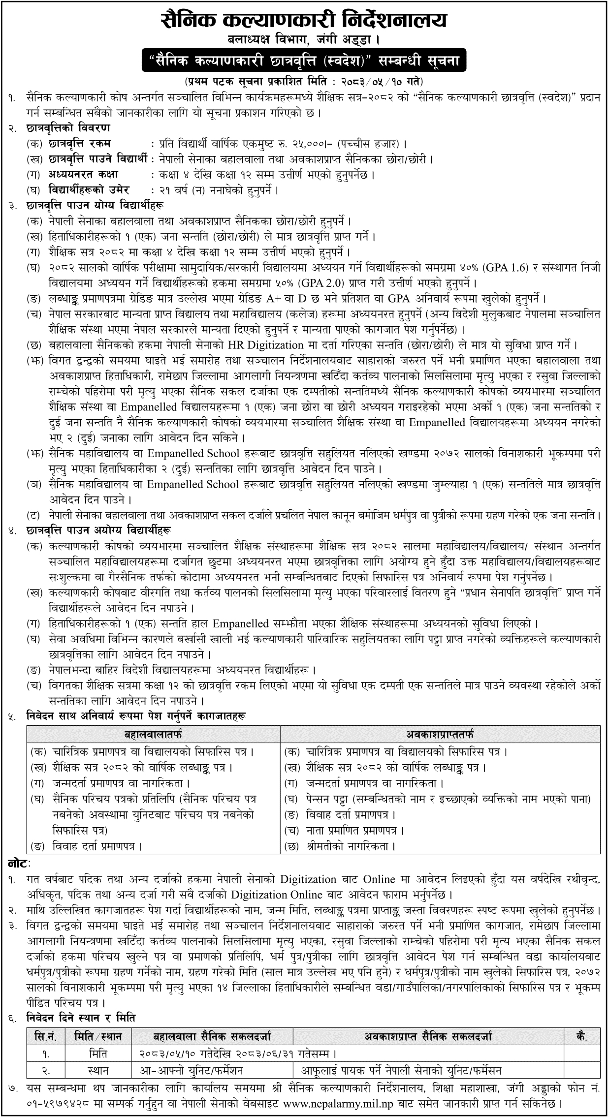 Nepal Army Welfare Scholarship (Domestic) 2082 Application