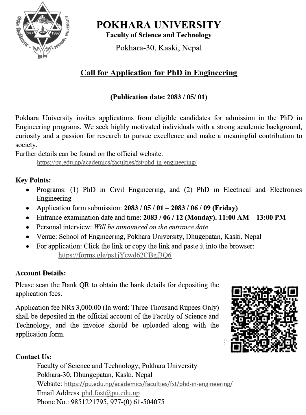 Pokhara University PhD in Engineering Admission 2083