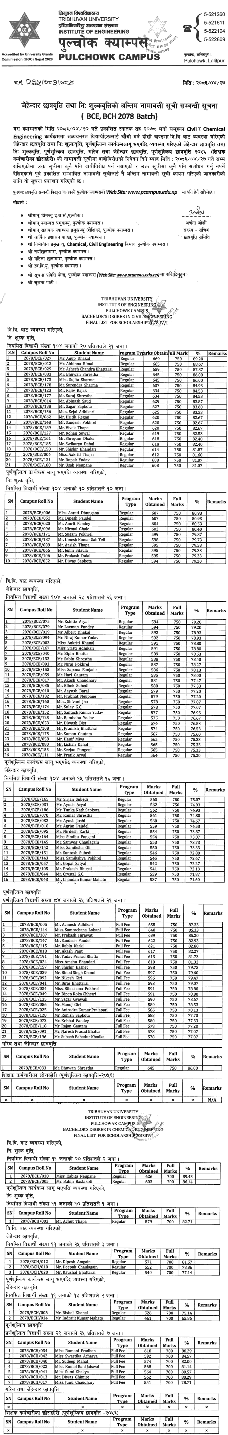 Pulchowk Campus BCE and BCH Scholarship Final List 2078