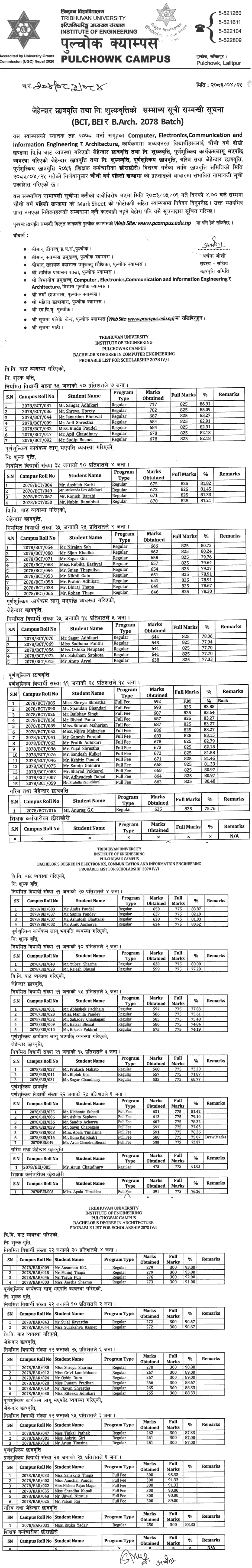 Pulchowk Campus BCT, BEI and B.Arch Scholarship List 2078