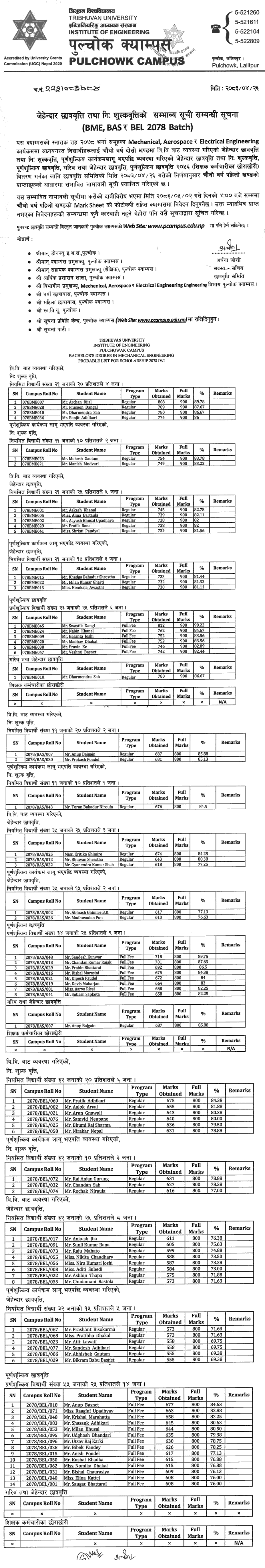 Pulchowk Campus BME, BAS, BEL 2078 Batch Scholarship Probable List 