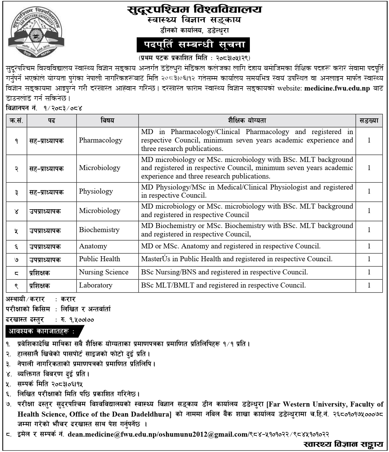 Far Western University Dadeldhura Medical College Vacancies 
