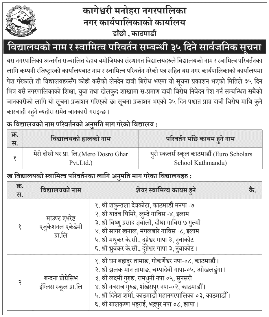 Kageshwori Manohara School Name, Ownership Change Notice 
