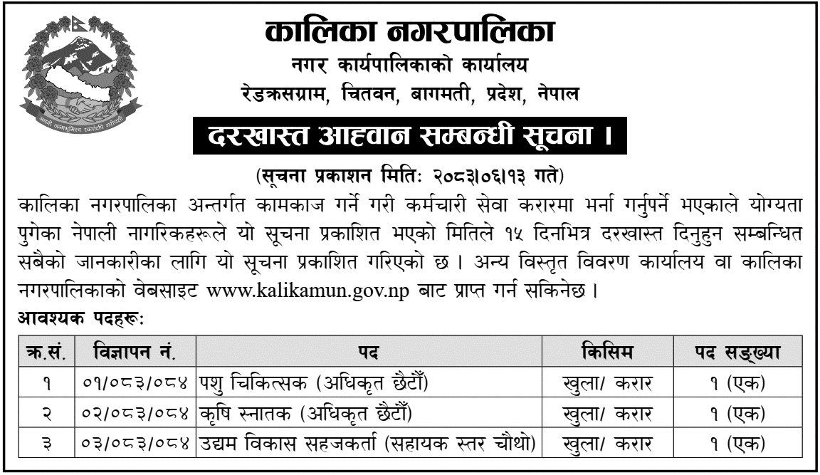 Kalika Municipality Invites Applications for Various Contract Positions