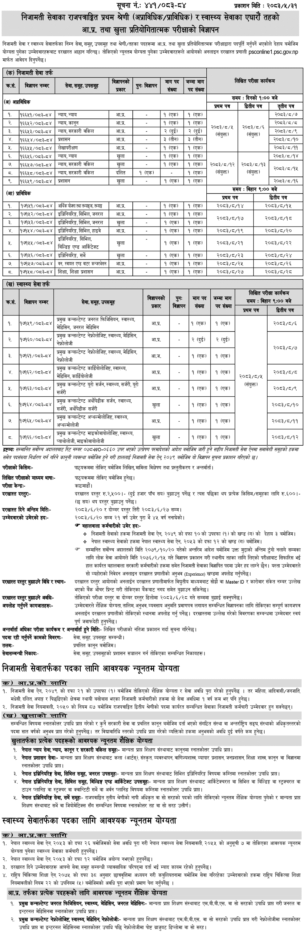 Lok Sewa Aayog Gazetted First and 11th Level Health Vacancy 2083-1