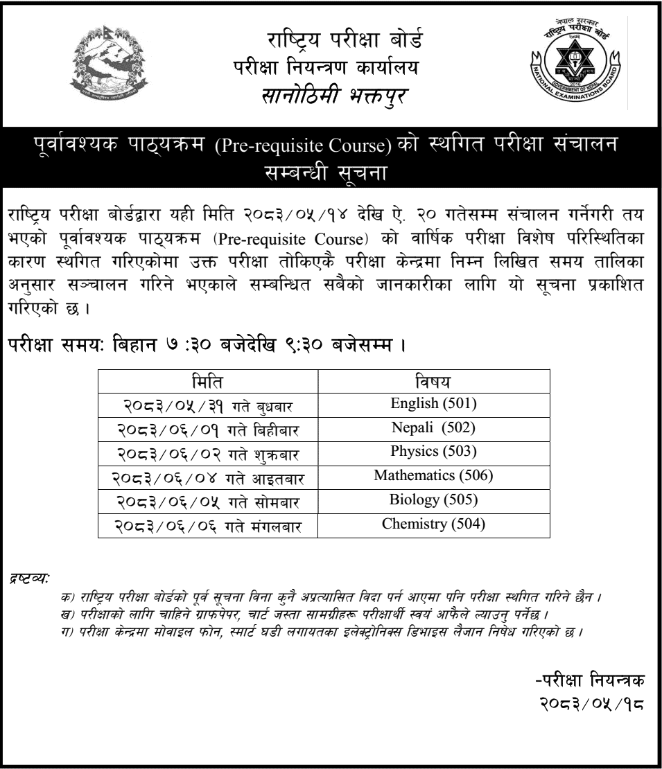 NEB Pre-requisite Course Exam New Schedule Published 2083